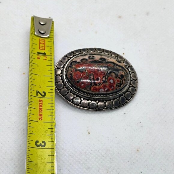 Vtg 925 Sterling Silver Leopard Jasper Brooch Pendant Picture Stone Red Brown - Picture 5 of 9